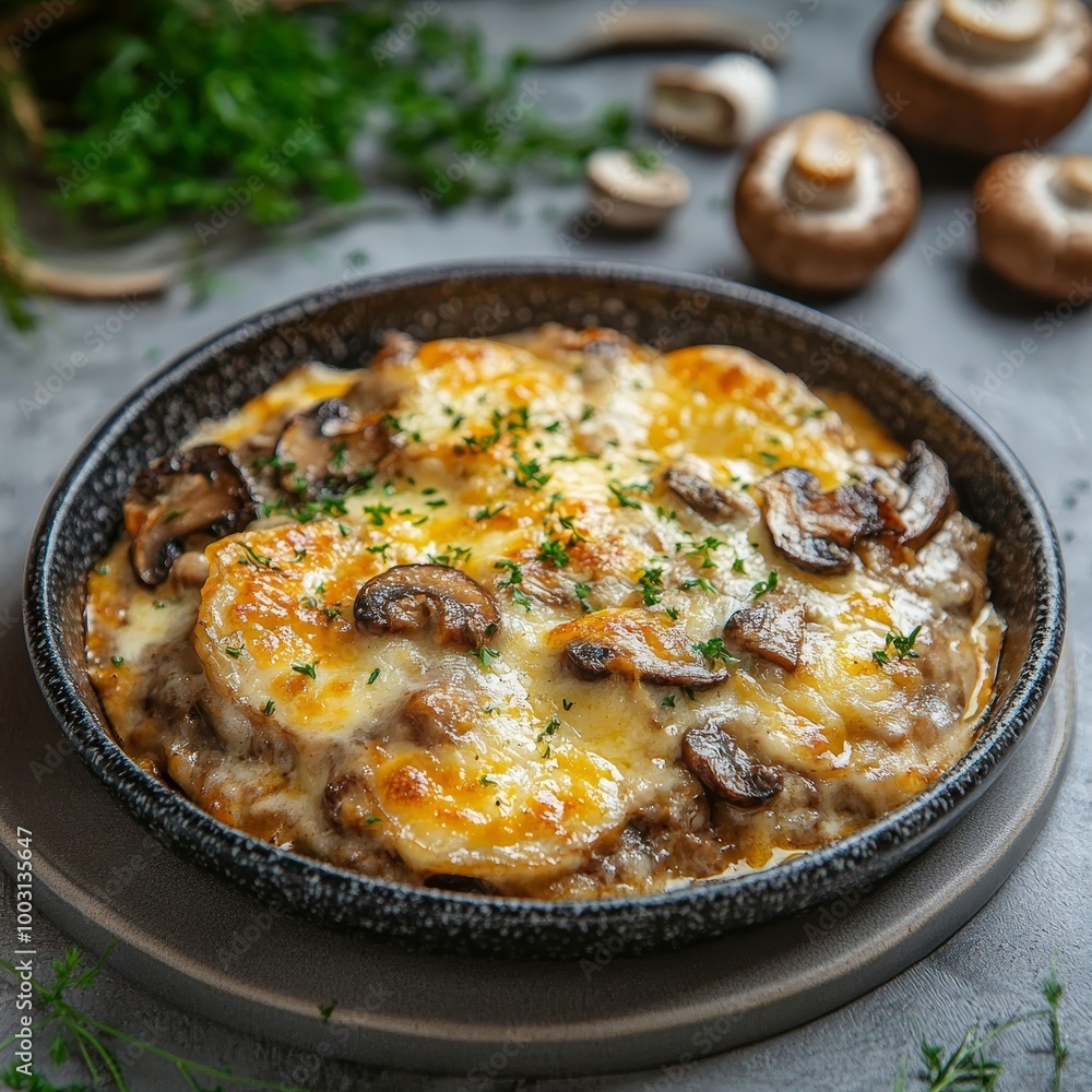 Baked champignons with cheese and mushrooms in a frying pan Baked champignons with cheese and mushrooms in a frying pan