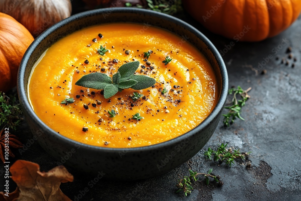 Pumpkin soup with cream, seeds, crackers and cinnamon. Autumn decor on table, orange squash in background. Healthy Halloween food Pumpkin soup with cream, seeds, crackers and cinnamon. Autumn decor on table, orange squash in background. Healthy Halloween food