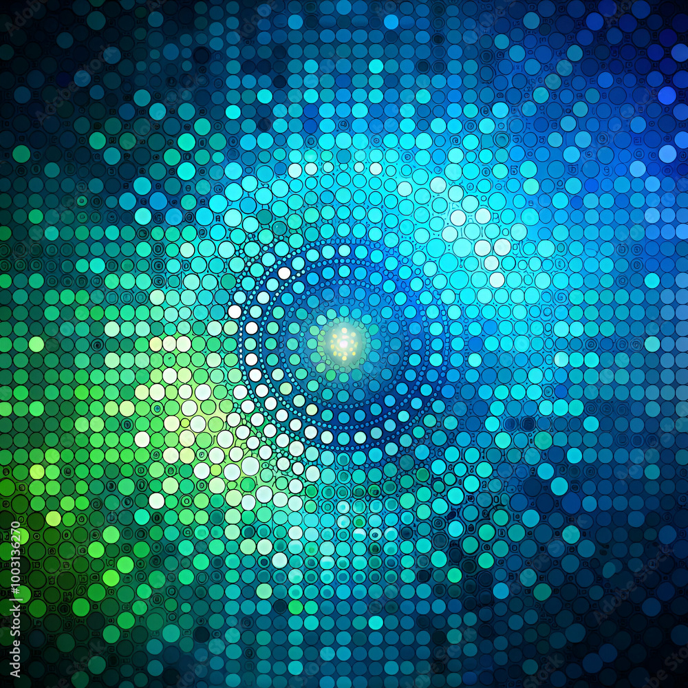 A blue and green circle with many small dots. The circle is surrounded by a blue background. The circle is the main focus of the image A blue and green circle with many small dots. The circle is surrounded by a blue background. The circle is the main focus of the image