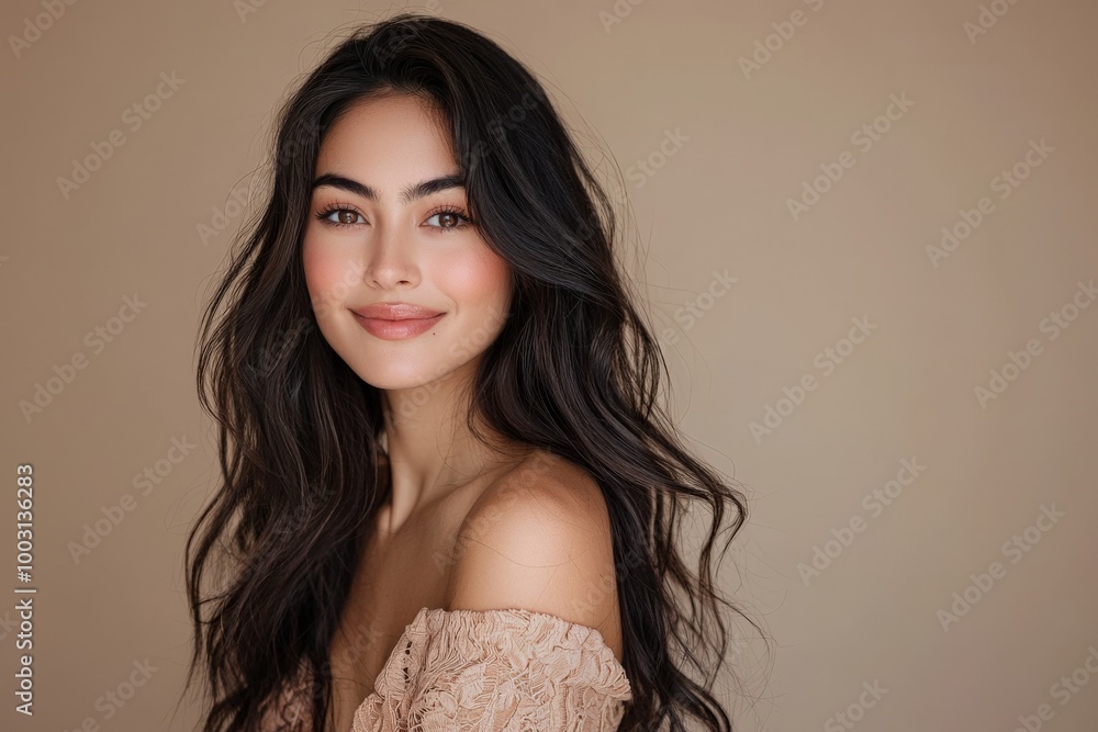 Elegant 30s Latina woman with long wavy hair, wearing a fashionable dress, smiling subtly. Portrait on solid beige background. Ideal for fashion brands, beauty products, lifestyle magazines. Elegant 30s Latina woman with long wavy hair, wearing a fashionable dress, smiling subtly. Portrait on solid beige background. Ideal for fashion brands, beauty products, lifestyle magazines.