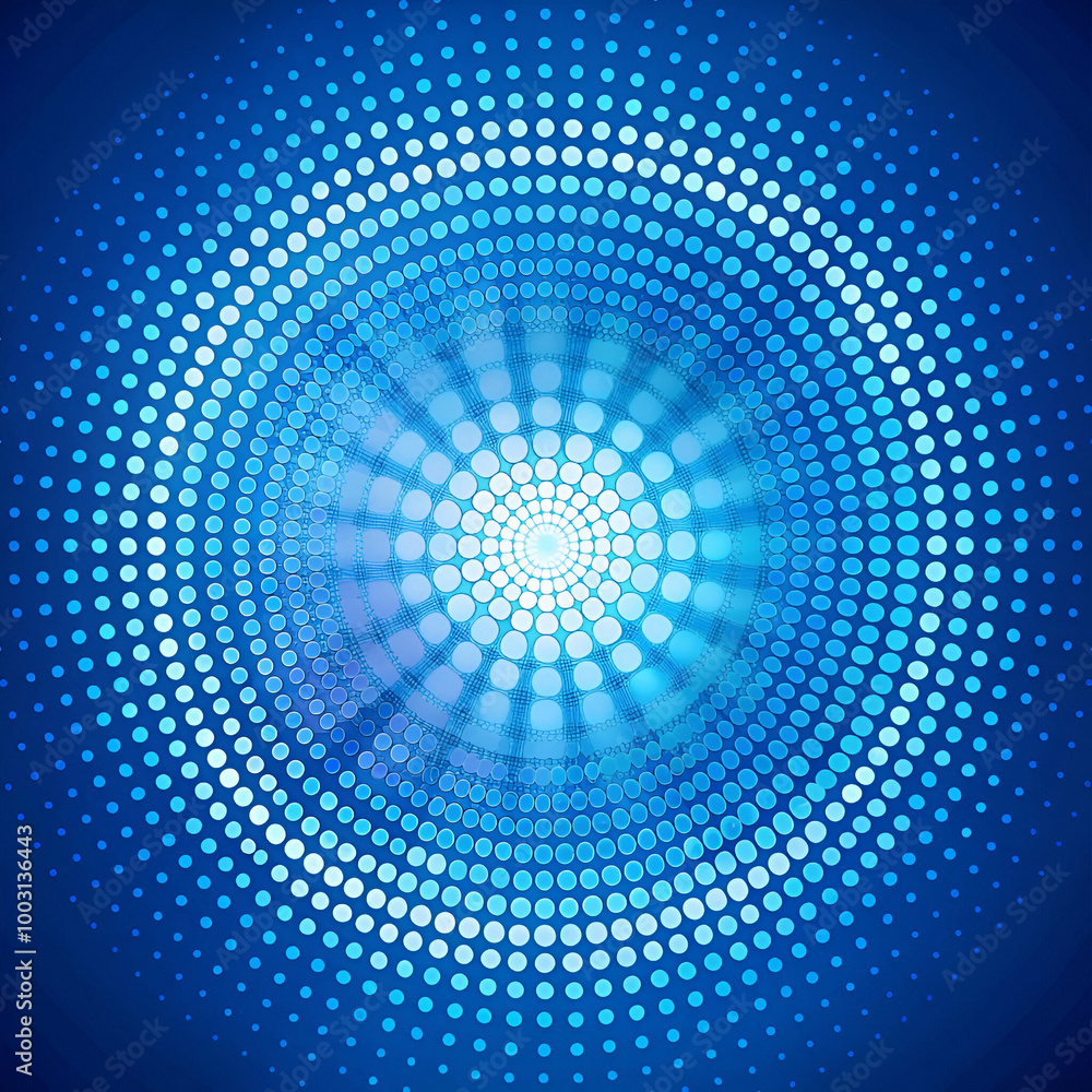 A blue circle with many small blue dots. The circle is the main focus of the image. The blue color and the dots create a sense of movement and energy