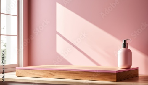 Wallpaper Mural Wooden Countertop with Pink Podium Against Bathroom Background Torontodigital.ca