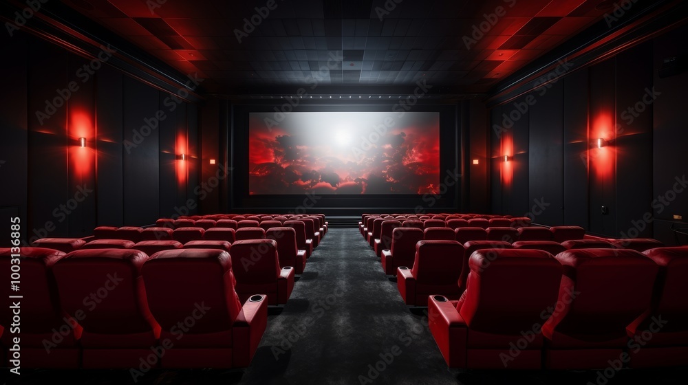 Empty cinema theater with red seats spacious auditorium for films and live performances Empty cinema theater with red seats spacious auditorium for films and live performances