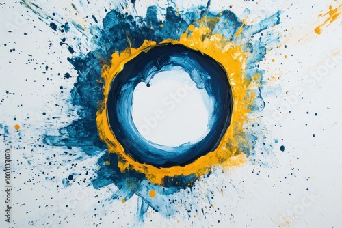 Abstract painting of an oittel blue and yellow paint splatter forming the shape of round in centre on white background Generative AI photo