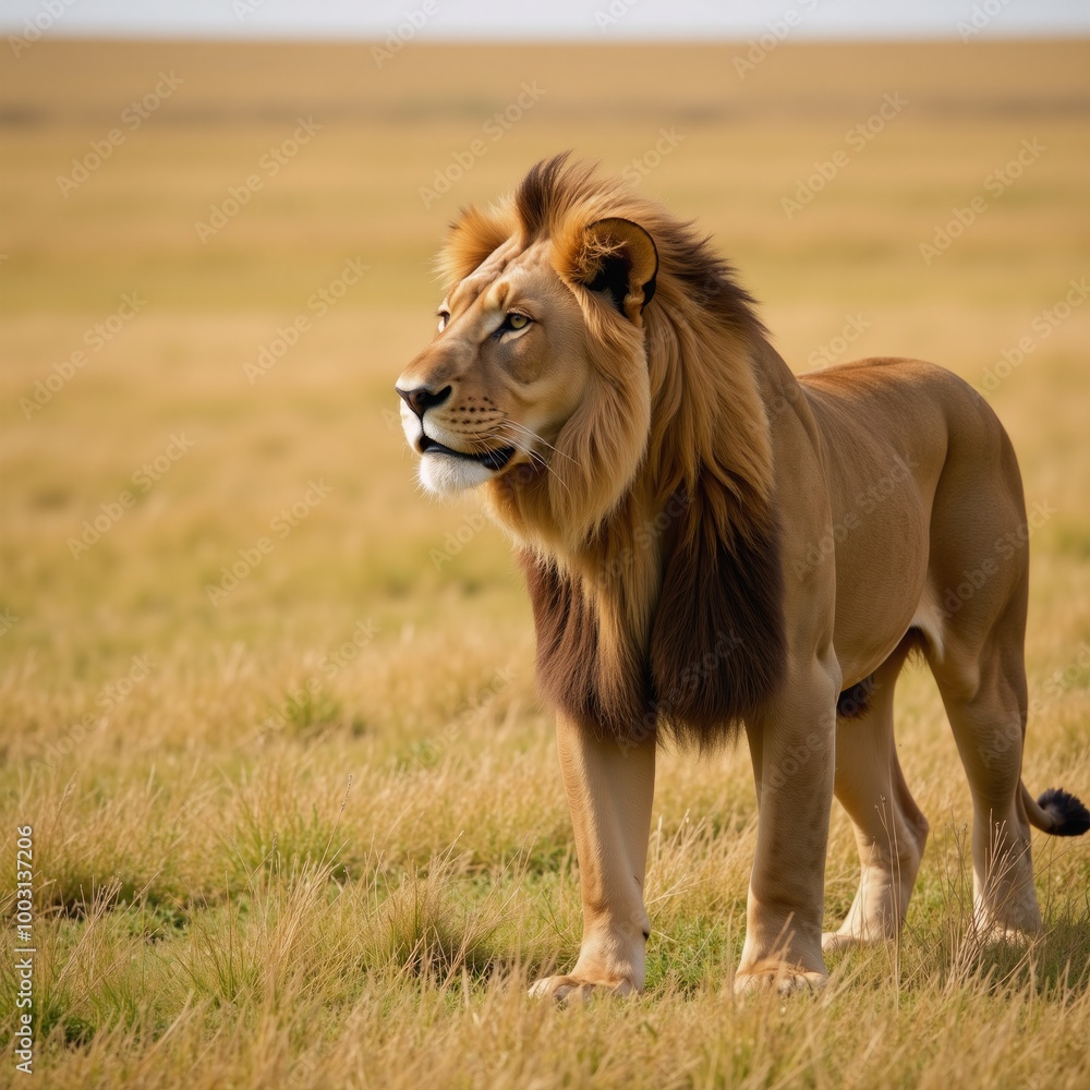 Lion posed against an open savannah backdrop with wind-swept mane suitable for eco-tourism ads wildlife education Lion posed against an open savannah backdrop with wind-swept mane suitable for eco-tourism ads wildlife education