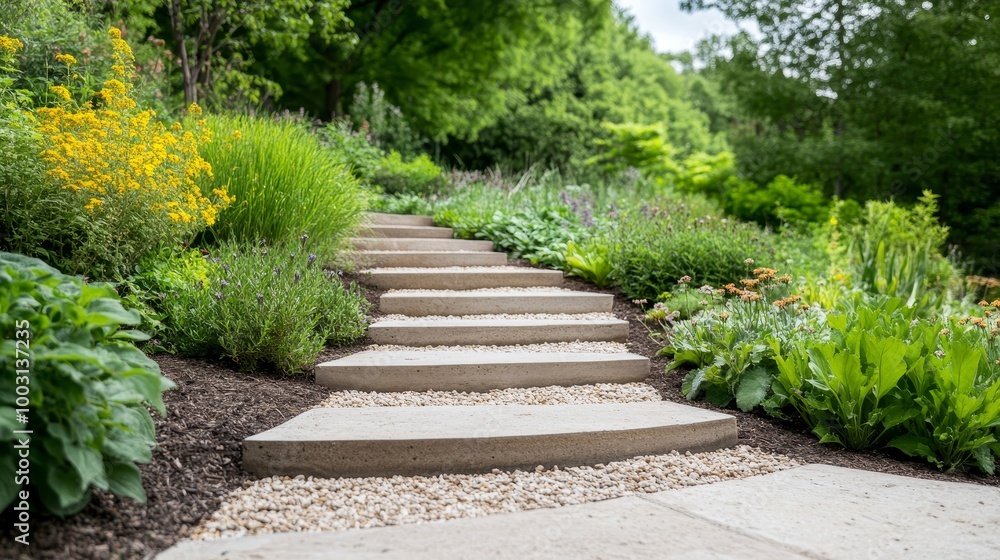 Serene Garden Pathway Amidst Lush Greenery and Flowers Serene Garden Pathway Amidst Lush Greenery and Flowers