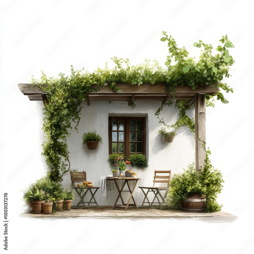 Fototapeta premium Charming Garden Patio with Plants and Cozy Furniture
