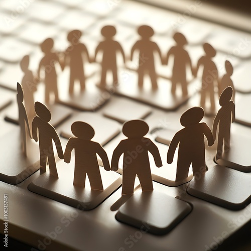 Online Community Concept: Virtual Group of Paper Humans Standing Together in Circle on Computer Keyboard photo