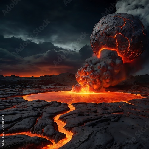 volcanic planet.lavafilled volcanic planet with rivers of Generative AI photo