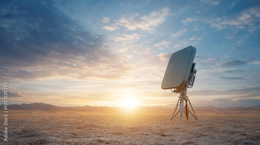 Desert Landscape With Satellite Dish at Sunset Desert Landscape With Satellite Dish at Sunset