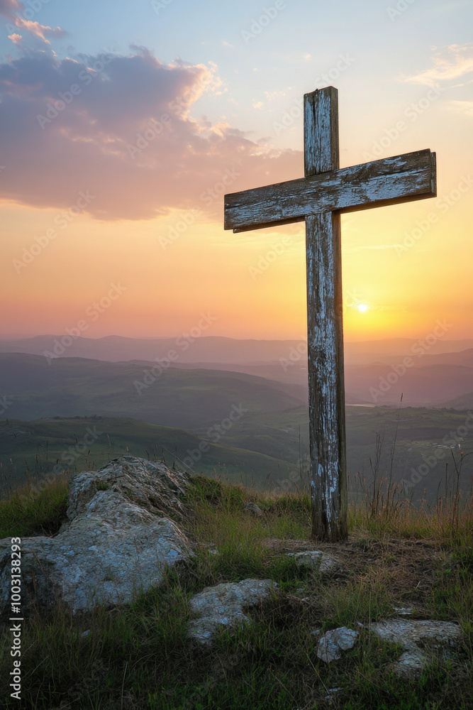 A weathered wooden cross stands atop a grassy hill at sunset, overlooking rolling green hills and a serene sky with colorful clouds. A weathered wooden cross stands atop a grassy hill at sunset, overlooking rolling green hills and a serene sky with colorful clouds.