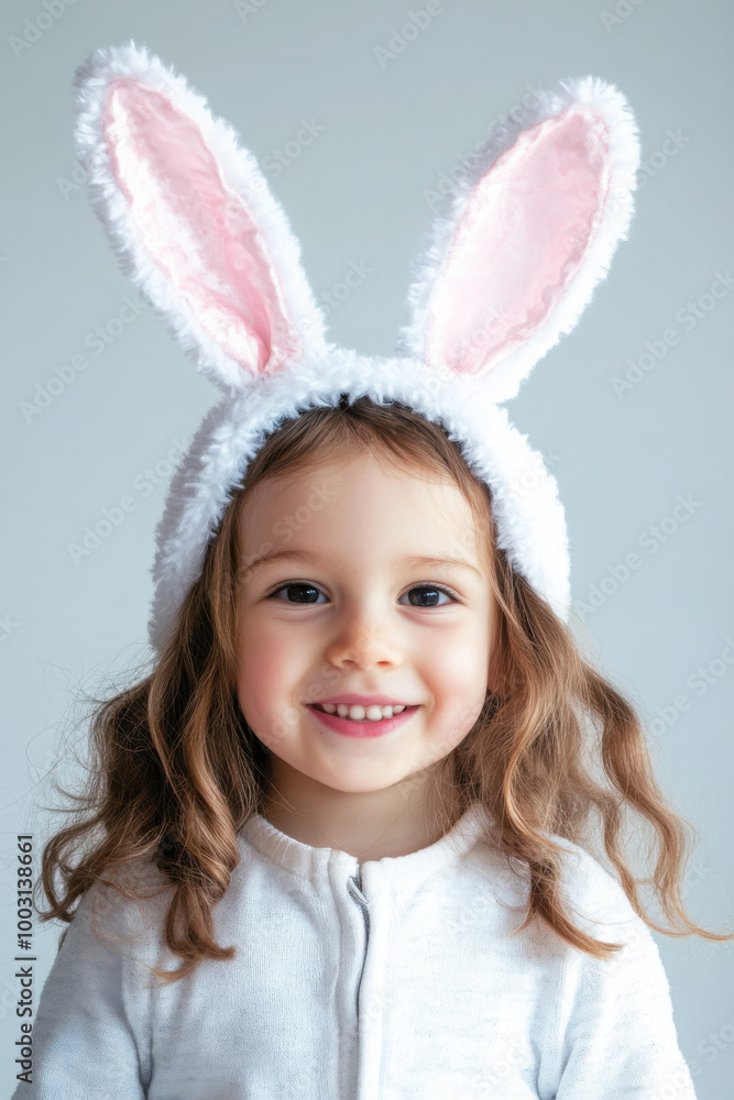 Smiling young girl with curly hair wearing fluffy white bunny ears, posing against a plain background. Smiling young girl with curly hair wearing fluffy white bunny ears, posing against a plain background.