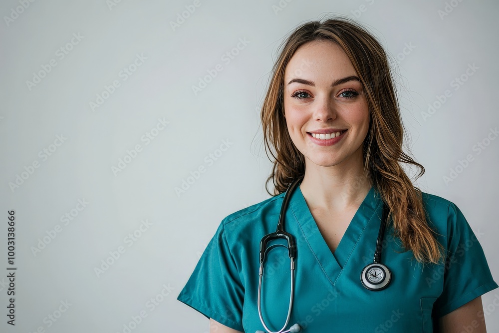 Smiling 30s female nurse with stethoscope, looking caring. Portrait on solid white background. Suitable for healthcare services, nursing programs, medical equipment. Smiling 30s female nurse with stethoscope, looking caring. Portrait on solid white background. Suitable for healthcare services, nursing programs, medical equipment.