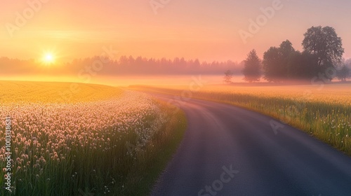 Sunrise Over a Country Road: A Serene Landscape