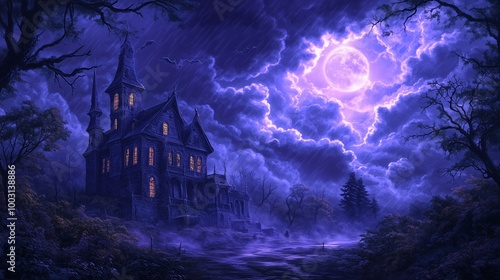 Spooky haunted house in the rain with ominous clouds, eerie trees, fog, and purple moonlight shining through the clouds.