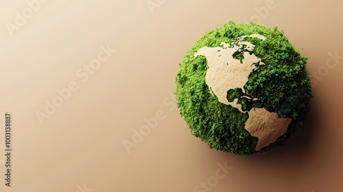 A green 3D Earth on a light brown background, symbolizing Earth Day and environmental awareness. photo