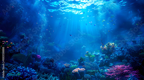 Sea underwater panorama with a coral reef background