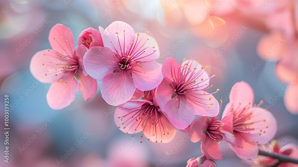 a close-up of a branch of cherry blossoms. The flowers are a delicate pink color with darker pink centers and fine details in the petals. The background is softly blurred with shades of blue and pink, a close-up of a branch of cherry blossoms. The flowers are a delicate pink color with darker pink centers and fine details in the petals. The background is softly blurred with shades of blue and pink,