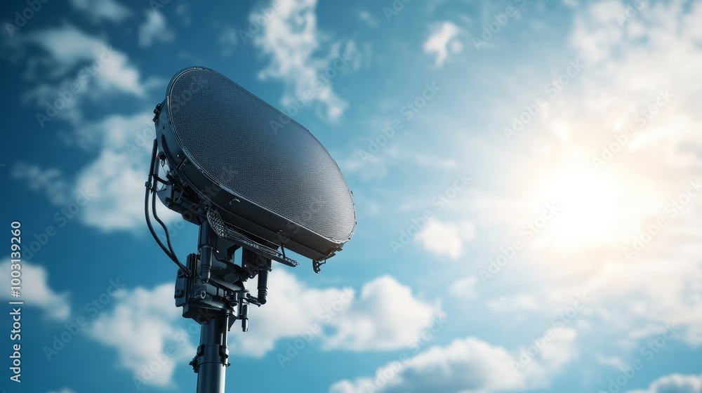Satellite Dish Against Blue Sky with Clouds and Sunlight