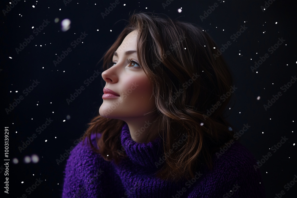 Thoughtful Woman in Snow Looking into Distance Thoughtful Woman in Snow Looking into Distance