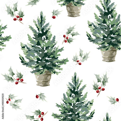 Christmas seamless pattern, green fir trees in the pots, holly twigs with red berries, white background. Vector illustration. Nature design. Season greeting. Winter holidays