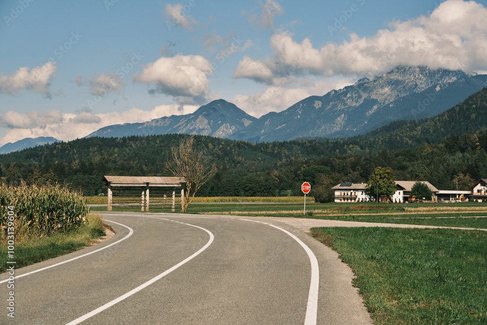 A scenic road winds through a lush green valley, with a majestic mountain range in the background. The sky is a bright blue with fluffy white clouds. Slovenia A scenic road winds through a lush green valley, with a majestic mountain range in the background. The sky is a bright blue with fluffy white clouds. Slovenia