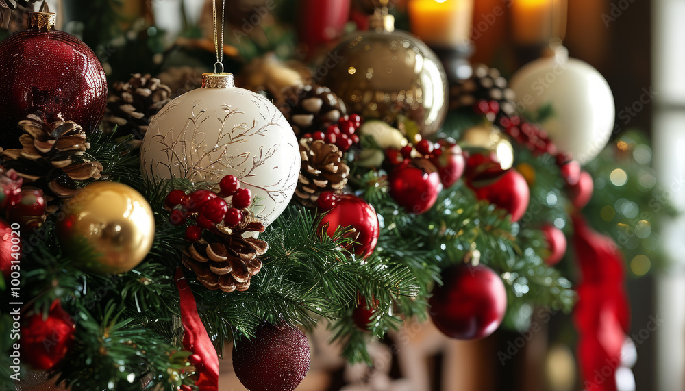 Fototapeta premium Christmas Wreath and Ornaments on Rustic Table. Festive Holiday Decorations with Wreath and Ornaments. Wreath and Holiday Ornaments on Rustic Table Setting.