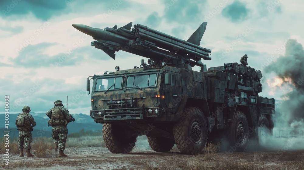 Air defense system with missile fire control post, soldiers defend against airborne threats like drones and missiles. Air defense system with missile fire control post, soldiers defend against airborne threats like drones and missiles.