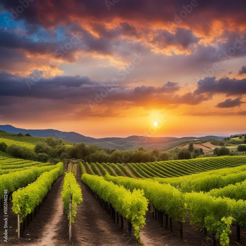 Vinyard with colory sunset photo