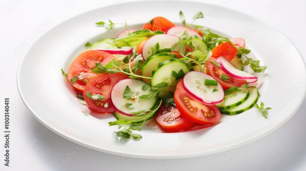 Fresh salad on a white plate, composed of sliced cucumbers, tomatoes, red onions, and garnished with herbs, showcasing vibrant colors and healthy ingredients. Fresh salad on a white plate, composed of sliced cucumbers, tomatoes, red onions, and garnished with herbs, showcasing vibrant colors and healthy ingredients.