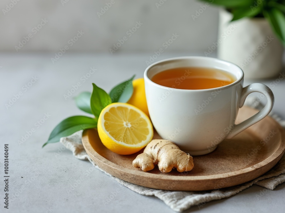 Hot ginger tea served in a white ceramic cup on a wooden plate, accompanied by fresh lemon and ginger root, creating a healthy and refreshing drink scene Hot ginger tea served in a white ceramic cup on a wooden plate, accompanied by fresh lemon and ginger root, creating a healthy and refreshing drink scene