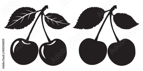  Cherry Silhouette Icon Set – Two Styles of Cherries with Leaves icon vector  fruit