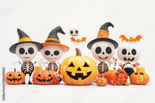 With pumpkins, a group of cartoon Halloween characters