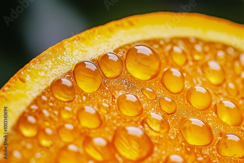 A close-up view of an orange with droplets, showcasing its freshness and juicy texture, highly inviting. photo