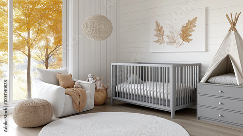 A charming autumn-themed nursery with a wooden cot, a blue double drawer unit, and a grey single drawer unit holding soft toys. A big white armchair provides a cozy spot for readin photo