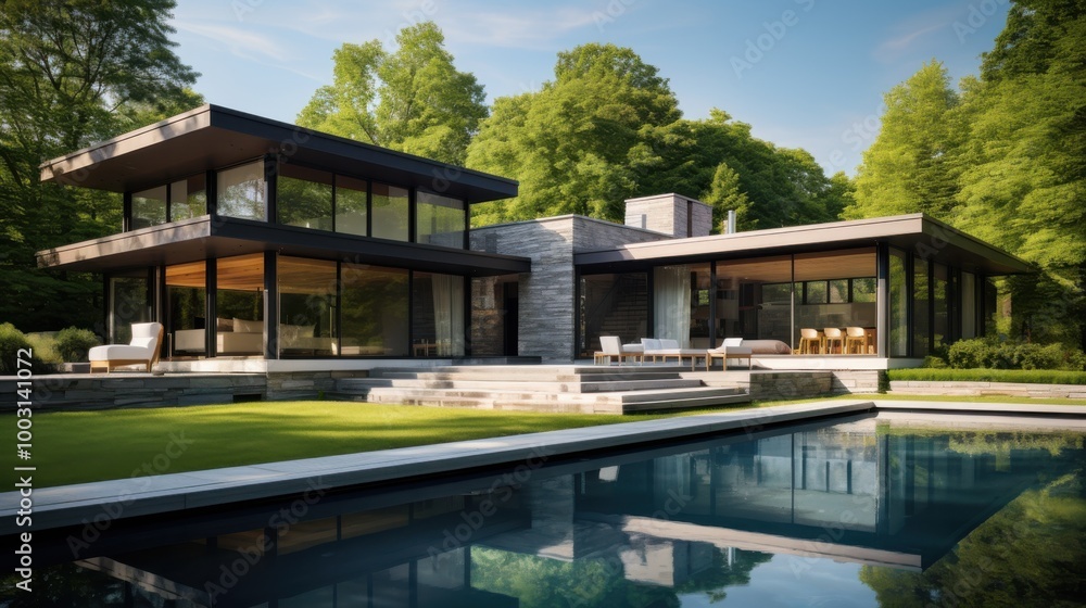 A modern, luxurious house with large windows and a sleek design, surrounded by greenery and accompanied by a serene pool reflecting the clear sky. A modern, luxurious house with large windows and a sleek design, surrounded by greenery and accompanied by a serene pool reflecting the clear sky.