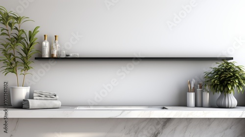 Laundry room product display on white countertop with washing machine  shelves  and greenery