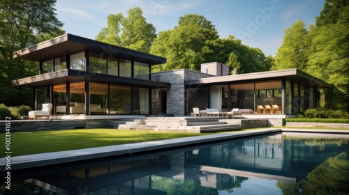 A modern  luxurious house with large windows and a sleek design  surrounded by greenery and accompanied by a serene pool reflecting the clear sky.