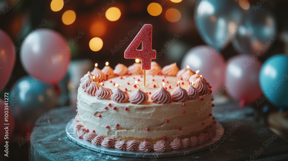 number 4 candle on a fourth year birthday cake celebration with balloons and party decoration as banner