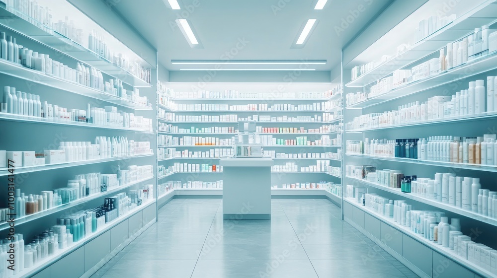 A modern pharmacy setting with no people, displaying rows of medications, supplements, and health products. The pharmacy is clean and well-organized with a calm, professional feel. A modern pharmacy setting with no people, displaying rows of medications, supplements, and health products. The pharmacy is clean and well-organized with a calm, professional feel.