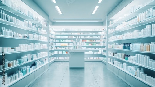 A modern pharmacy setting with no people, displaying rows of medications, supplements, and health products. The pharmacy is clean and well-organized with a calm, professional feel.