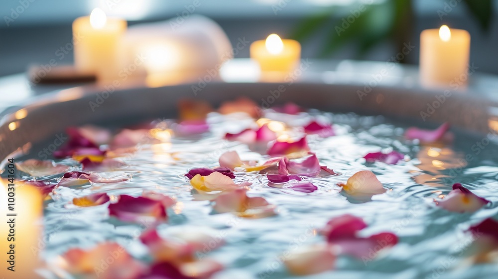 A bathtub filled with water and rose petals. Candles are placed along the sides. Spa salon, relaxation, bath procedures, self-care, mental health A bathtub filled with water and rose petals. Candles are placed along the sides. Spa salon, relaxation, bath procedures, self-care, mental health