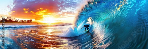 A surfer carves through a vibrant wave at sunset on a California beach