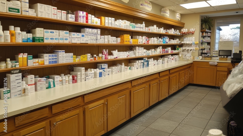 An empty pharmacy counter with various medication boxes and bottles lined up on shelves behind it. The space is well-lit and organized for easy access to products. An empty pharmacy counter with various medication boxes and bottles lined up on shelves behind it. The space is well-lit and organized for easy access to products.