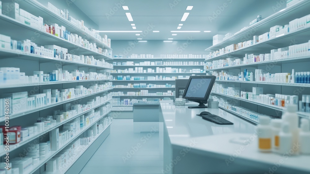 Concept image of a tidy pharmacy with rows of neatly stocked medicine shelves, a clean countertop, and a computer screen ready for service. Bright, sterile environment. Concept image of a tidy pharmacy with rows of neatly stocked medicine shelves, a clean countertop, and a computer screen ready for service. Bright, sterile environment.