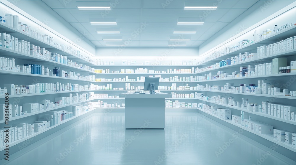 Concept image of a tidy pharmacy with rows of neatly stocked medicine shelves, a clean countertop, and a computer screen ready for service. Bright, sterile environment. Concept image of a tidy pharmacy with rows of neatly stocked medicine shelves, a clean countertop, and a computer screen ready for service. Bright, sterile environment.