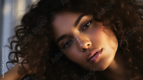 A close-up portrait of a curly-haired woman bathed in warm, golden light, her expression serene and thoughtful.