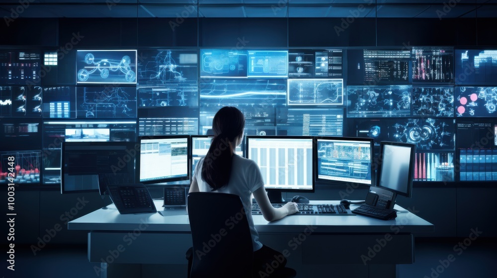 A solitary figure facing multiple high-tech screens in a command center, emphasizing the essence of data analysis and control in a digital world. A solitary figure facing multiple high-tech screens in a command center, emphasizing the essence of data analysis and control in a digital world.