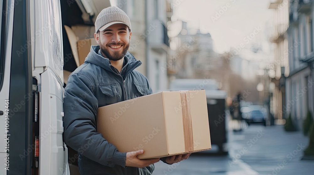 Happy young delivery man in uniform standing next to a truck on the street, holding a cardboard parcel box with a cheerful expression, ready to deliver. Happy young delivery man in uniform standing next to a truck on the street, holding a cardboard parcel box with a cheerful expression, ready to deliver.