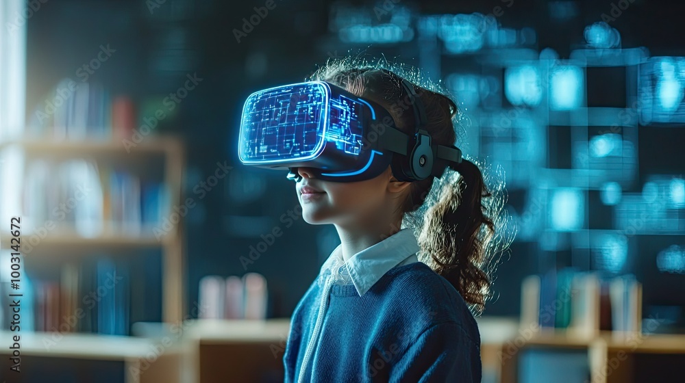 School student with VR headset using AI artificial intelligence technology machine learning.Interactive technology in classroom. Innovation smart tech. AI blue hologram in education. School student with VR headset using AI artificial intelligence technology machine learning.Interactive technology in classroom. Innovation smart tech. AI blue hologram in education.